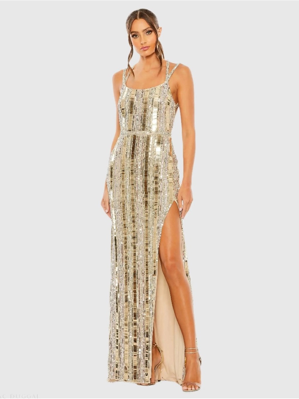 Mac Duggal 93981 Gold and Silver Halter Neck Embellished Detailed Back Gown Sz 6 - Picture 2 of 15